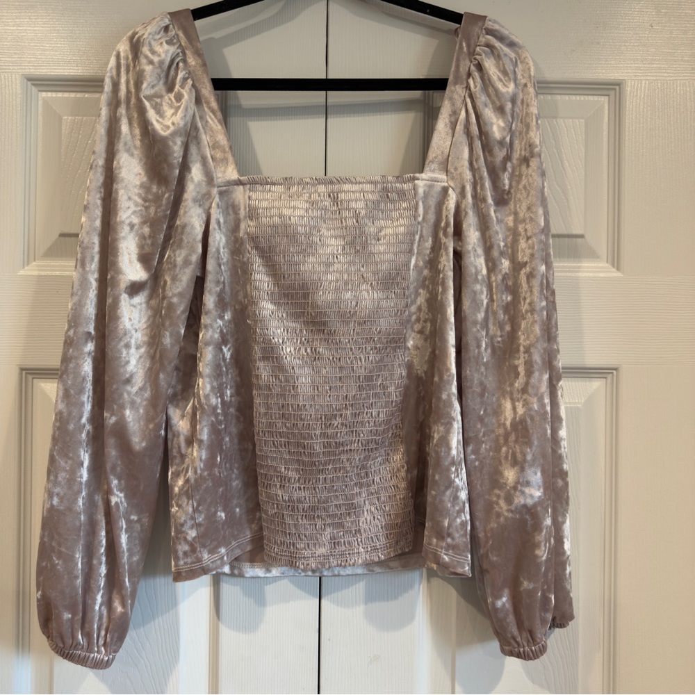 By Anthropologie Crushed Velvet Long Sleeve Blouse Top Women Size L Champagne - Picture 8 of 13